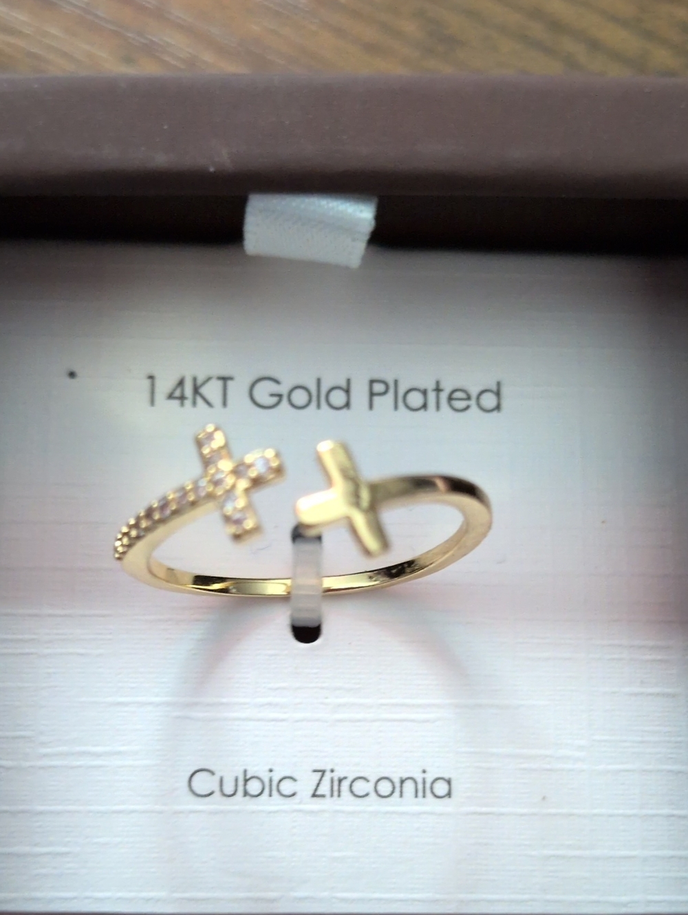 14KT Gold-Plated Cross Ring with Cubic Zirconia -